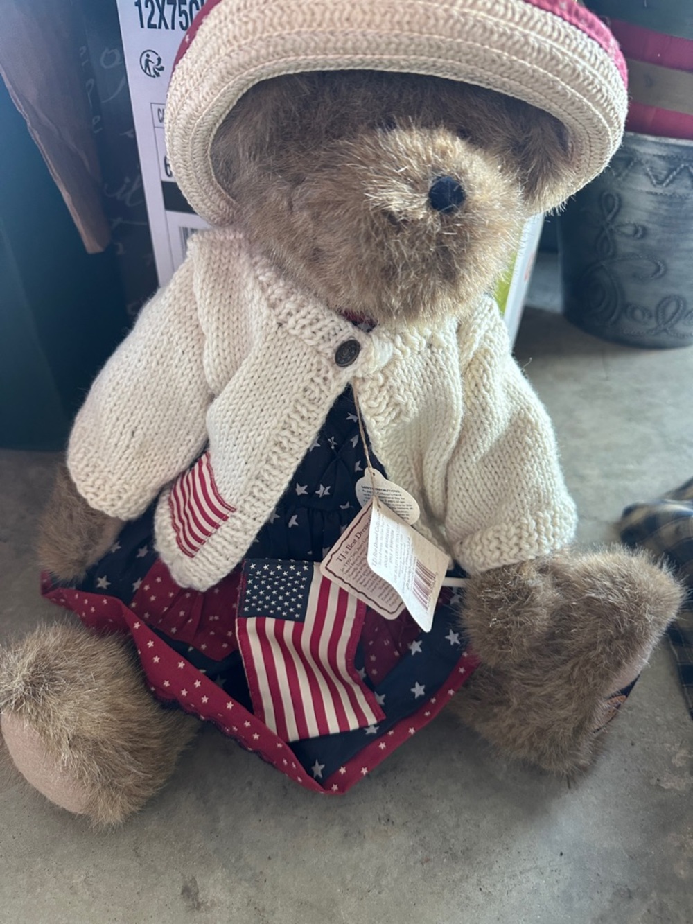 Boyds Bears Red, White, Blue Patriotic Dress with Cream Cardigan and Straw Hat